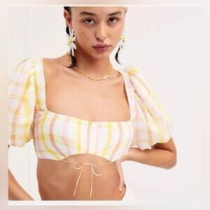For Love And Lemons Yellow and Pink Plaid Crop Top